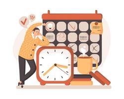 hombre planificación día cerca grande calendario y reloj. eficaz trabajo Planificación vector