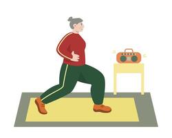 Senior woman in sporty clothes standing on mat and performing exercises vector