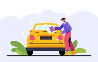 Man washing own car outside with soap. Place for auto transport wash vector