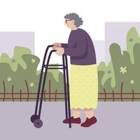 Elderly female walking near hospital with walker. Activities outdoors concept vector