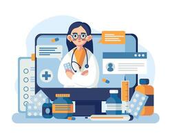 Cartoon female physician consulting anonymous person remotely vector