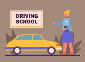 Female holding document and going to driving lesson. Stages of learning at driving school vector