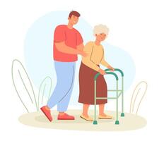 Man helping old lady to walk with walker. Care of elderly people concept vector
