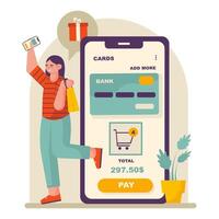 Mobile wallet. Contactless payment method. Buyer involved in virtual shopping vector