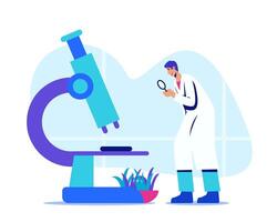 Man standing with magnifying glass and looking at microscope. Production of substances in laboratory vector