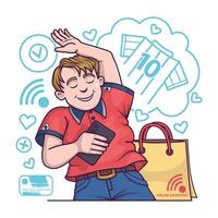 Cartoon character holding smartphones and buying sport product vector