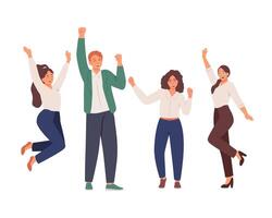 Man and females rejoices and jumping together. Productive work vector