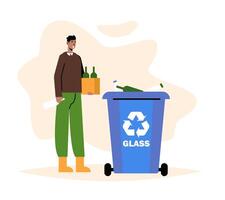 Man throws glass bottles into container for glass. Help planet, green environment concept vector