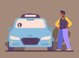 Man standing near left-hand drive car. Passing driving test concept vector