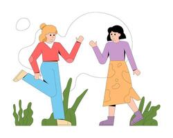 dibujos animados joven señoras reunirse cada otro afuera. hembra amigos saludo cada otro al aire libre vector