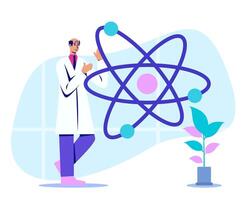 Adult male in white coat standing near scientific symbol and making presentation vector