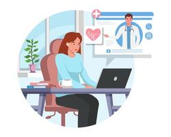 Female looking at laptop and choosing doctor. Quick and easy way to receive medical advice vector