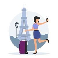 Young lady with trolley bag photographed against Eiffel Tower vector