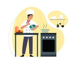 Man in white uniform and cap kneading food in bowl. Process of cooking delicious food in restaurants vector