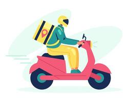 Adult male drive scooter, delivery products to clients. Food order app vector
