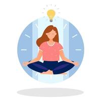 Young woman sitting in lotus position and meditates. Time for work and rest concept vector