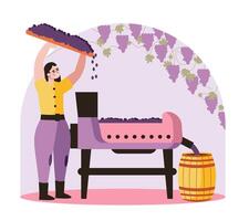 Girl pours grapes on special machine. Winemaking process with natural grapes vector