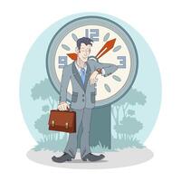 Male with briefcase checking time, going to work. Time management concept vector