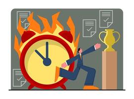 Man standing near clock in fire and running to goblet. Concept of deadlines vector