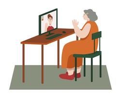 Adult woman sitting at table with computer and having video call with grandson vector