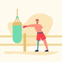 joven hombre con protésico pierna jugando boxeo. humano con especial necesidades activamente gastar gratis hora vector