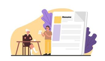 hombre participación currículum y hablando a hora relleno fuera currículum para vacante vector