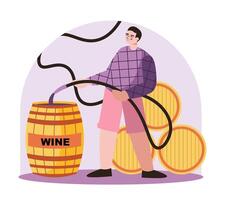 Man holding hose and pouring grape juice. Winemaking process with natural grapes vector