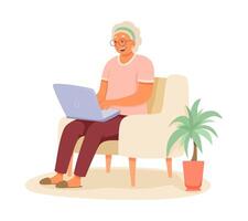 Old lady sitting on armchair, holding laptop and typing. Modern senior woman working on computer vector