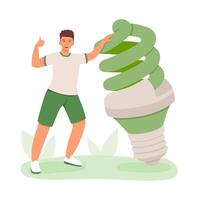 Young man holding green big bulb and happy to use green energy vector