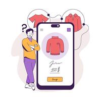 masculino en pie cerca teléfono inteligente, pensando de comprando ropa en línea vector