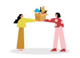 Young people holding box with different food. Donation concept vector