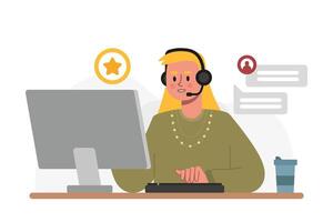 Smiling woman consulting client, working in call center. Phone consultation, video calls, support vector