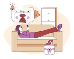 Female lies on sofa and ordering items of clothing through tablet and mobile app vector