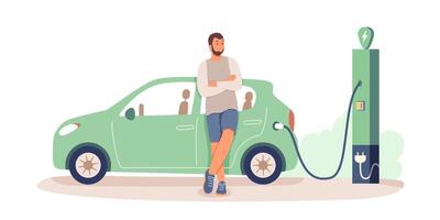 Young male recharging electric car at charging station. Care for environment vector