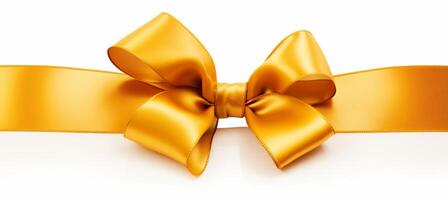 AI generated Golden ribbon bow with long straight ribbon for banner, isolated on white background with copy space photo