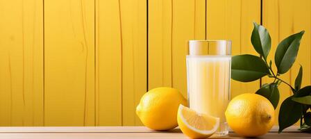 AI generated Lemon juice in glass on wooden table with soft yellow background and space for text placement photo