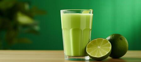 AI generated Refreshing lime juice in glass on wooden table with soft green background for text placement photo