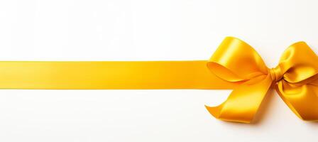 AI generated Golden ribbon bow with long straight ribbon for festive banner isolated on white background photo