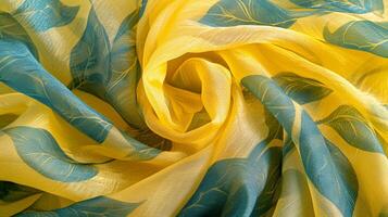 AI generated Abstract yellow and green background with leaves and translucent silk fabric waves photo