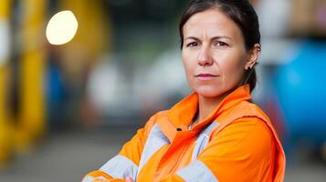 AI generated Female warehouse worker standing in large bright distribution center with lots of light photo