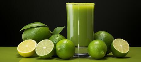 AI generated Lime juice in glass on wooden table, soft green background, right side image, text space on left. photo