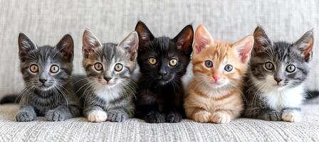 ai generado un encantador formación de multicolor gato gatitos sentado lado por lado en un encantador fila foto