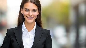 AI generated Young businesswoman walking in city center with blurred background and space for text placement photo