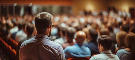 AI generated Business conference speaker presenting with copy space for text placement and engaged audience photo