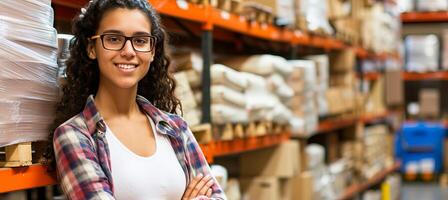 AI generated Portrait of confident female warehouse worker in expansive, brightly illuminated distribution center photo