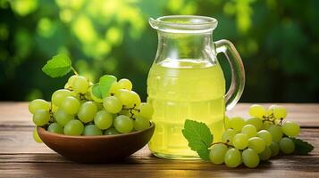 AI generated Grape juice in glass on wooden table, isolated on green background with space for text placement photo