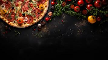 AI generated Delicious pizza on black stone, top view with fresh ingredients, empty space for text photo