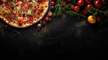 ai generado delicioso Pizza en negro piedra, parte superior ver con Fresco ingredientes, vacío espacio para texto foto