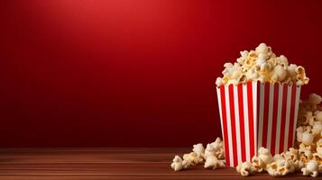 AI generated Striped popcorn box with popcorn on red gradient background, ample empty space for creativity photo