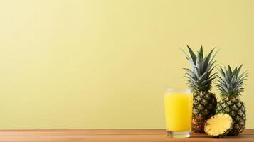 AI generated Refreshing pineapple juice in glass on wooden table with soft yellow background for text placement photo